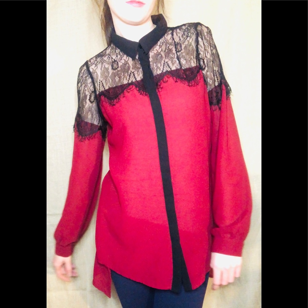 Tobi High Low Blouse W/ Laced Shoulder